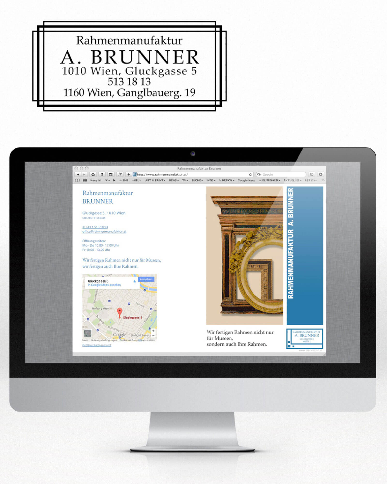Rahmenmanufaktur Brunner, Wien I: CI, Inserate, Flyer, Webdesign