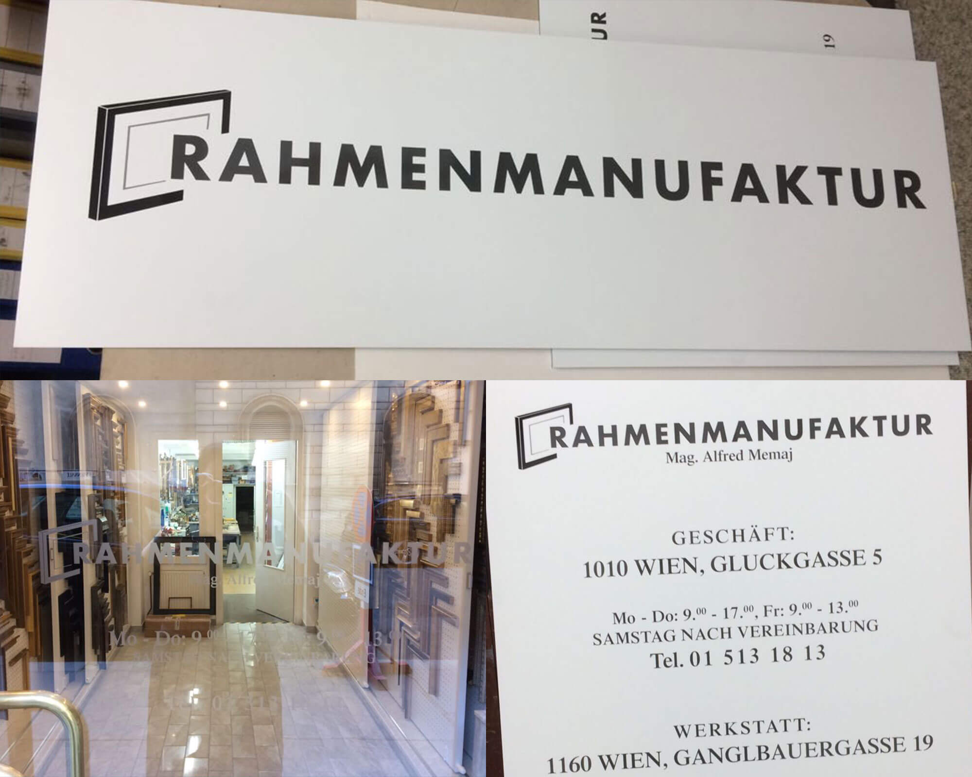 Rahmenmanufaktur, Wien I: Logo, CI, Türfolierung, Schilder